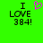 Green background with black text reading "I LOVE 384!" and a pink pixelated heart symbol above the word LOVE on the left side.