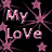 Animated icon with pink and black starburst patterns, displaying text fragments 'My Love', 'Is Like', and 'WQ!-' across frames.