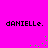 Bright pink background with four instances of the text 'danielle.' in black pixelated font, each followed by a trailing period. Green pixels form scattered patterns below and to the right of the text.