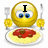 Yellow emoji face with blue eyes holding fork and knife above plate of pasta with red sauce, text changes from 'I' to 'LOVE TO' to 'EAT!' across frames.