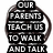 Black-and-white pixelated icon with peace sign outline and text reading "OUR PARENTS TEACH US TO WALK AND TALK" on left, "AFTERWARDS." on top-right, "AFTER-WARDS..." on bottom-left, and "THEY TEACH US TO SIT AND SHUTUP!" on bottom-right.