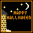 25 identical Halloween-themed pixel art icons featuring 'HAPPY HALLOWEEN' text, a brick chimney, and white ghost shapes against a black background with stars and crescent moon
