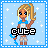 Pixel art contact sheet of four animated frames showing a blonde girl character with blue accents holding a blue object, each frame displaying the word "Cute" in different color variations against a light blue starry background.