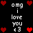 Pixelated red hearts and white text 'omg i love you <3' on black background with animated heart count changes.