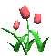 Pixelated pink tulips with green stems and leaves arranged in a pattern on gray background