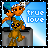 Pixel art contact sheet showing two frames of an animated buddy icon with a cartoon character and monkey on a platform, blue sky background, and "true love" text.