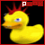 Animated yellow rubber duck with red spiky hair, blue eyes, and orange beak against black background; text above changes across frames.