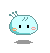 Pixelated light blue character with black square eyes, orange and pink cheeks, and three teal antennae, shown in four variations with differing shadows and mouth positions.
