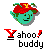 Pixelated teal face with green ears wears red hat featuring yellow X, below "Yahoo! buddy" text in black and red.