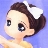 Pixelated anime-style character with brown hair in a bun, large black eyes, and a white hair accessory against a light blue background.