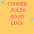 Yellow background with repeated red text 'CONNER JULIO GOOD LUCK' and scattered blue/grey stars, one grey rectangle in bottom-right corner.