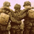 Three soldiers in brown uniforms and helmets stand side-by-side against a light purple background, holding rifles with bayonets.