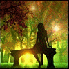 Silhouette of a person sitting on a bench under autumn trees with glowing lights, transitioning to a lightning strike, then a forest stream, followed by a path with fallen leaves, a snowy forest, and a blank white space.