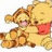 Two cartoon characters embrace on a white background; one wears red clothing while the other has striped patterns.