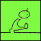 Animated stick figure with rounded head and antenna performs sequential poses on green background.