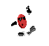 Red oval character with black sunglasses and open mouth, surrounded by black and gray pixelated fragments in motion across three of frames