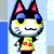 Pixelated cartoon cat with black ears, blue head, yellow eyes, white face, and yellow shirt with red spots against light blue background.