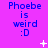 Purple background with blue text reading "Phoebe is weird :D" repeated in a , animated white symbols appear and disappear across frames