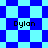 Blue and light blue checkered pattern with four instances of the text 'Dylan' in black pixelated font across different sections.