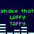 Pixelated green text and light blue audio bars on dark blue background in a 2x2 contact sheet of four animated frames.