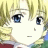 Pixelated anime-style character with blonde hair and blue eyes, side profile against black background with white text.