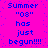 Pixelated text on a bright pink background with blue lettering, repeating 'Summer '08 has just begun!!!!' in two