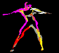 Four animated frames of a stylized human figure in dynamic poses with rainbow-colored segmented body parts on black background.