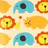 Pixelated grid of animal icons including elephants, lions, and fish on a light beige background.
