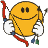 Animated contact sheet of a yellow smiley character with red bow and arrow props, showing sequential frame changes across 25 sampled frames in a 5x5 grid layout.