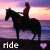 A horseback rider silhouette against a sunset sky with water below, showing two animation frames where the heart symbol changes color.