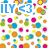 A static image with a white background covered in colorful circular patterns and repeated blue text "ILY <3".