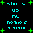Pixelated cyan text on black background with green plus signs, repeating 'what's up my homie's ?!?!?'.