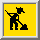 Pixelated black figure with hat shovels yellow background, showing sequential motion of digging and particle effects.