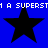 Blue background with four black stars and repeated pixelated text reading 'A SUPERST' at top and bottom.