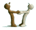 Two claymation figures in a sequence of poses from holding hands to embracing, transitioning through intermediate positions.