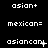 Pixelated text icons display variations of 'asian+', 'mexican=', and 'asiancan' with punctuation changes across three on a black background