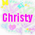 Pixelated icon with pink text 'Chrissy' over pastel background featuring hearts and abstract shapes.
