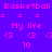 Pixelated icon with purple background, pink text, and green rectangular elements displaying 'Basketball' and 'My life' with numeric and symbol patterns.