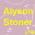 Yellow text 'Alyson Stoner' on light purple background with white sparkles, red prohibition symbol over right side.