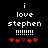 Black background with white pixelated text 'i love stephen' and six exclamation marks above red heart symbols, where the third heart is dark red in one frame.