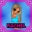 Pixel art contact sheet of three animated frames showing a cartoon woman in blue dress with long blonde hair, each frame bordered by different colored decorative frames and labeled "RACHEL" below the character.