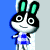 Pixelated cartoon character with black and white face, green inner ears, blue clothing, and a neutral expression against a blue and gray background.