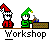 Pixel art animation of two elf-like figures working at a brown workbench, with one figure holding tools and the other speaking.