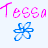 A 4-frame animated contact sheet showing a pixelated pink text 'Tessa' above blue flower icons on a white background, with each frame displaying distinct flower animations.