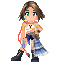 Pixel art character with brown hair and green eyes in multiple poses holding a blue gun-like object, wearing white shirt with red accents, dark shorts, black boots, and blue skirt.