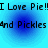 Static pixel art displays text "I Love Pie!" and "and Pickles" on a blue radial gradient background with four identical quadrants.