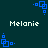 Pixelated blue square-based animation with white text 'Melanie' on dark teal background, showing four distinct frame positions.