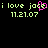 Green text 'i love jace' with a pink heart symbol and date '11.21.07' on black background, displayed in two side-by-side identical frames.