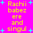 Yellow pixelated text on bright pink background with cyan starbursts, displaying repeated phrases 'Rachii babez ere and singul' in two