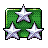 Green pixelated square with three white stars on a gray background.